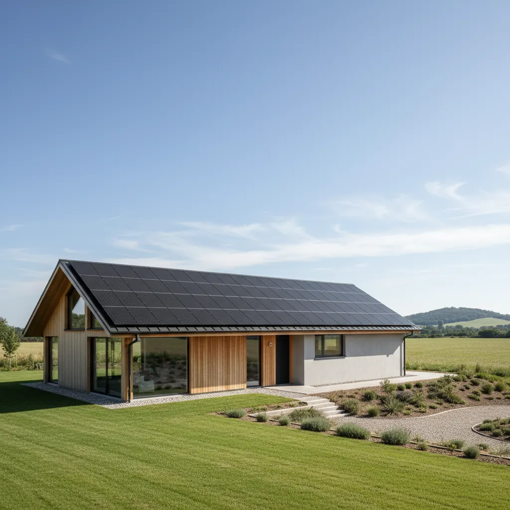 Landhaus mit vollflächig belegtem Satteldach aus schwarzen Solarmodulen